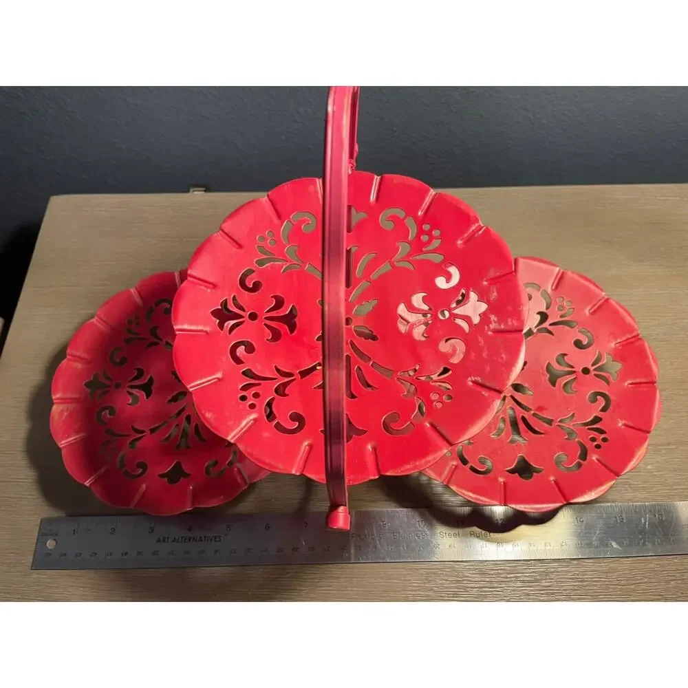 Vintage Style 3 Tier Folding Metal Serving Tray RED Clamshell Beautiful Lace